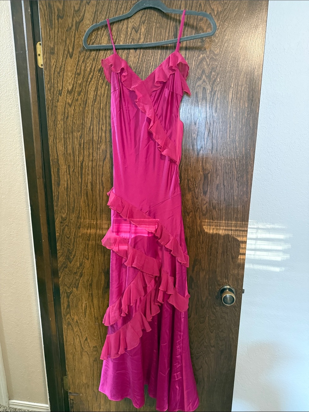 Fuchsia Ruffle-Trim Spaghetti Strap Maxi Dress